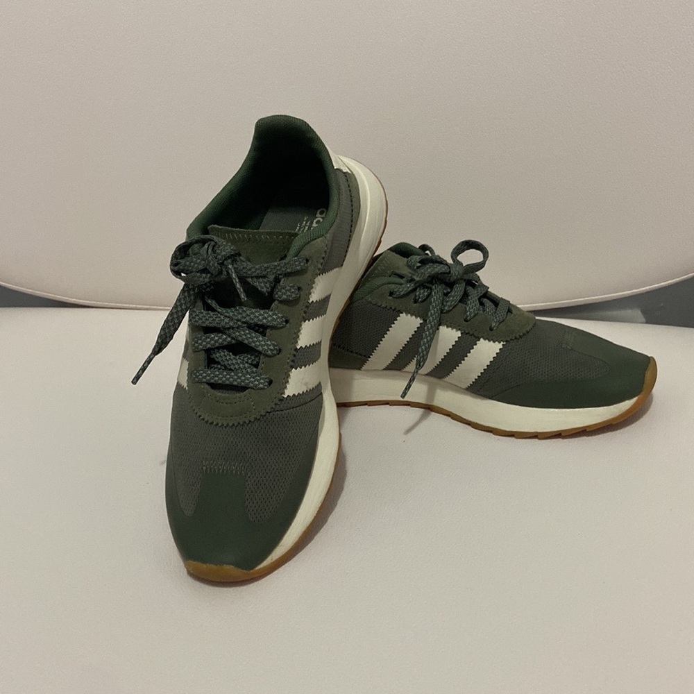 Adidas olive green and white low tops, size 7.5